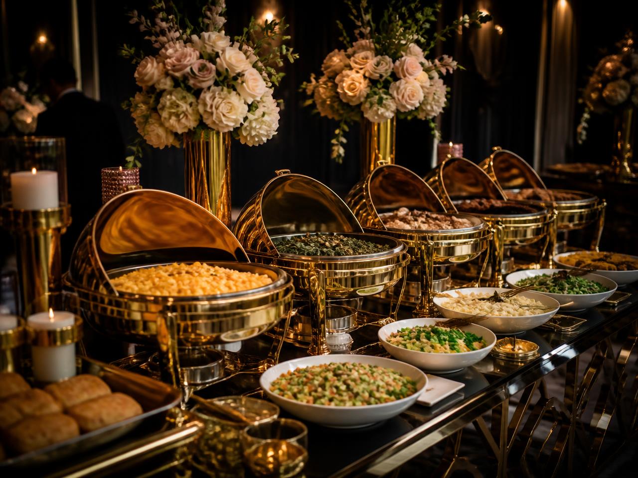 Gold chafing dishes and homemade catering spread at a Maryland event
